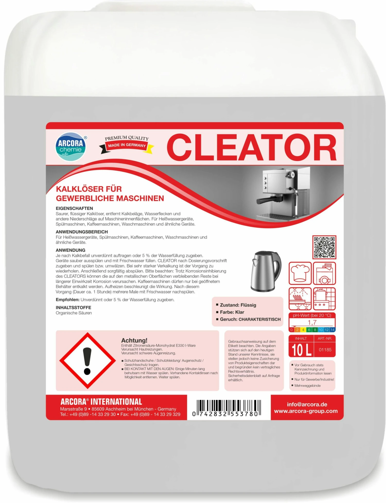 ARCORA Kalklöser Für Gewerbliche Maschinen CLEATOR, 10L